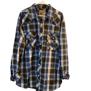 Plaid Western Pearl Snap Shirt Long‎ Sleeve Blue Black